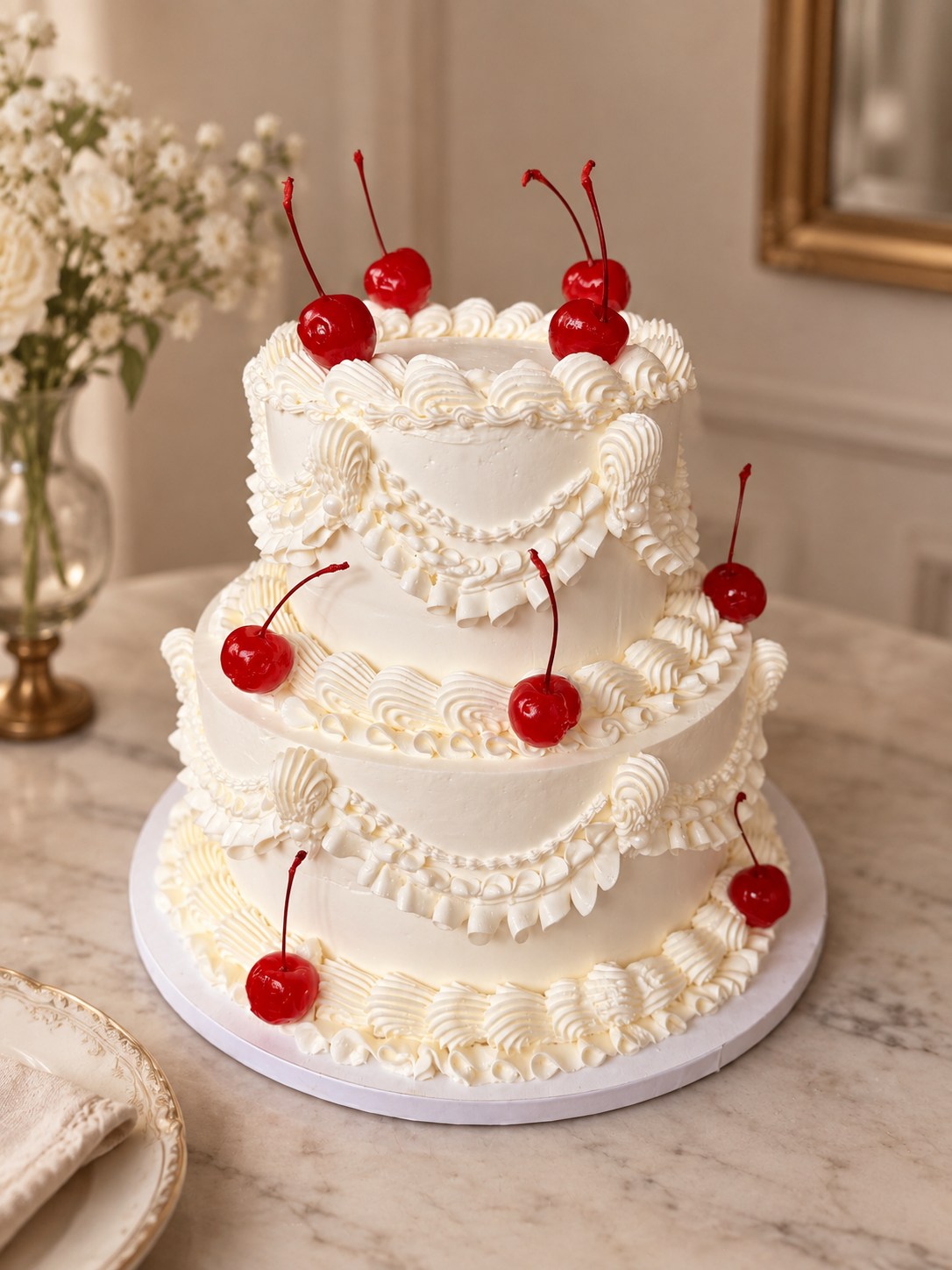 Two-tier ivory buttercream cake with vintage piping and red cherries